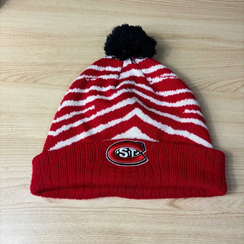 St. Cloud State Huskies Hat Beanie Winter Cap Adult Red White Zubaz Striped Knit